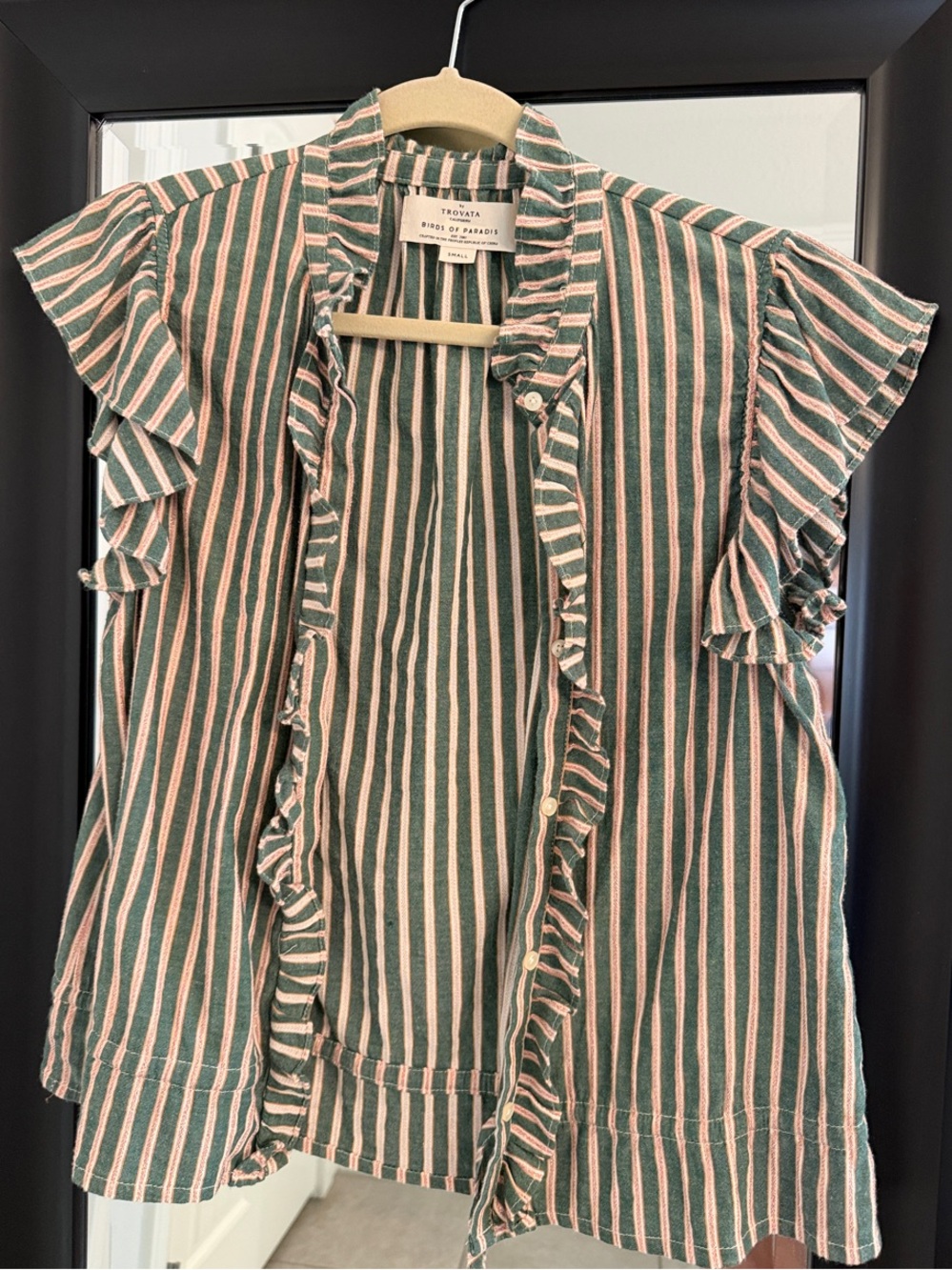 Trovata/Birds of Paradise Green and Pink Striped Ruffle Button-Up Blouse